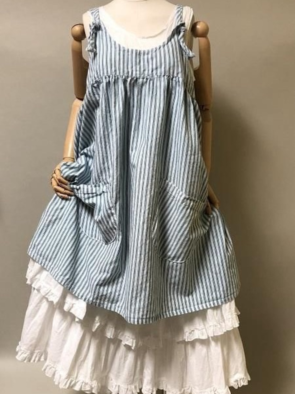 Striped Blue Sleeveless Smock Dress with Pockets